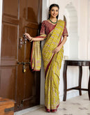Lime Green Cotton Printed Saree