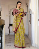 Lime Green Cotton Printed Saree