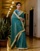 Teal Blue Shimmer Chiffon Lace Saree