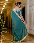 Teal Blue Shimmer Chiffon Lace Saree