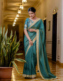 Teal Blue Shimmer Chiffon Lace Saree