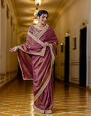 Wine Shimmer Chiffon Lace Saree