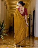 Yellow Chanderi Cotton Tassels Plain Saree