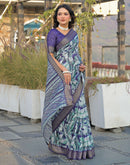 Navy Blue Silk Woven Printed Saree