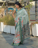 Light Turquoise Silk Woven Printed Saree