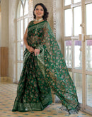 Dark Green Shimmer Chiffon Foil Printed Saree