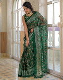 Dark Green Shimmer Chiffon Foil Printed Saree