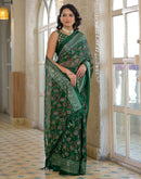 Dark Green Shimmer Chiffon Foil Printed Saree