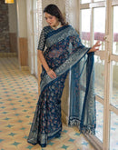 Navy Blue Shimmer Chiffon Foil Printed Saree