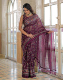 Dark Purple Shimmer Chiffon Foil Printed Saree