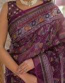 Dark Purple Shimmer Chiffon Foil Printed Saree