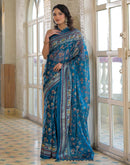 Peacock Blue Shimmer Chiffon Foil Printed Saree