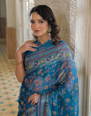 Peacock Blue Shimmer Chiffon Foil Printed Saree