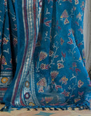 Peacock Blue Shimmer Chiffon Foil Printed Saree