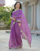 Light Purple Net Sequence Embroidery Saree
