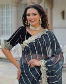 Navy Blue Net Sequence Embroidery Saree
