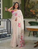 Beige Linen Floral Printed Saree