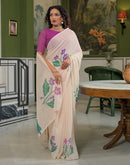 Beige Linen Floral Printed Saree