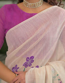 Beige Linen Floral Printed Saree