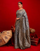 Grey Chanderi Cotton Woven Banarasi Saree