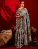 Grey Chanderi Cotton Woven Banarasi Saree