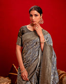 Grey Chanderi Cotton Woven Banarasi Saree