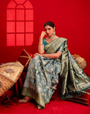 Dusty Blue Chanderi Cotton Woven Banarasi Saree