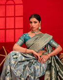 Dusty Blue Chanderi Cotton Woven Banarasi Saree