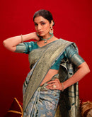 Dusty Blue Chanderi Cotton Woven Banarasi Saree