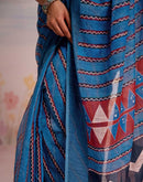 Ready To Wear Blue Linen Printed Saree