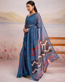 Ready To Wear Blue Linen Printed Saree