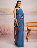 Ready To Wear Blue Linen Printed Saree