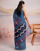 Ready To Wear Blue Linen Printed Saree
