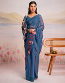 Ready To Wear Blue Linen Printed Saree