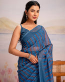 Ready To Wear Blue Linen Printed Saree