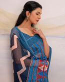 Ready To Wear Blue Linen Printed Saree