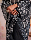 Ready To Wear Navy Blue Linen Printed Saree