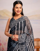 Ready To Wear Navy Blue Linen Printed Saree