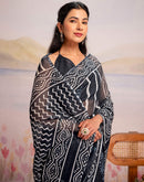 Ready To Wear Navy Blue Linen Printed Saree