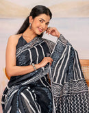 Ready To Wear Navy Blue Linen Printed Saree