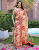 Ready To Wear Peach Linen Printed Embroidery Border Saree