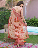 Ready To Wear Peach Linen Printed Embroidery Border Saree