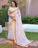 Ready To Wear White Linen Printed Embroidery Border Saree