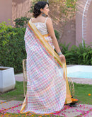 Ready To Wear White Linen Printed Embroidery Border Saree