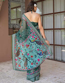 Ready To Wear Dark Green Linen Printed Embroidery Border Saree