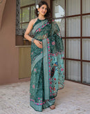 Ready To Wear Dark Green Linen Printed Embroidery Border Saree
