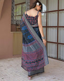 Ready To Wear Navy Blue Linen Printed Embroidery Border Saree