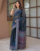 Ready To Wear Navy Blue Linen Printed Embroidery Border Saree