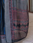 Ready To Wear Navy Blue Linen Printed Embroidery Border Saree