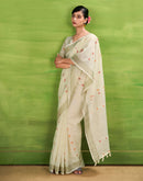 Off White Linen Silk Woven Printed Saree